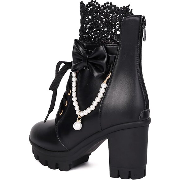 Women's Faux Leather Platform Ankle Boots with Pearl Chain Bow 8 - Picture 2 of 9